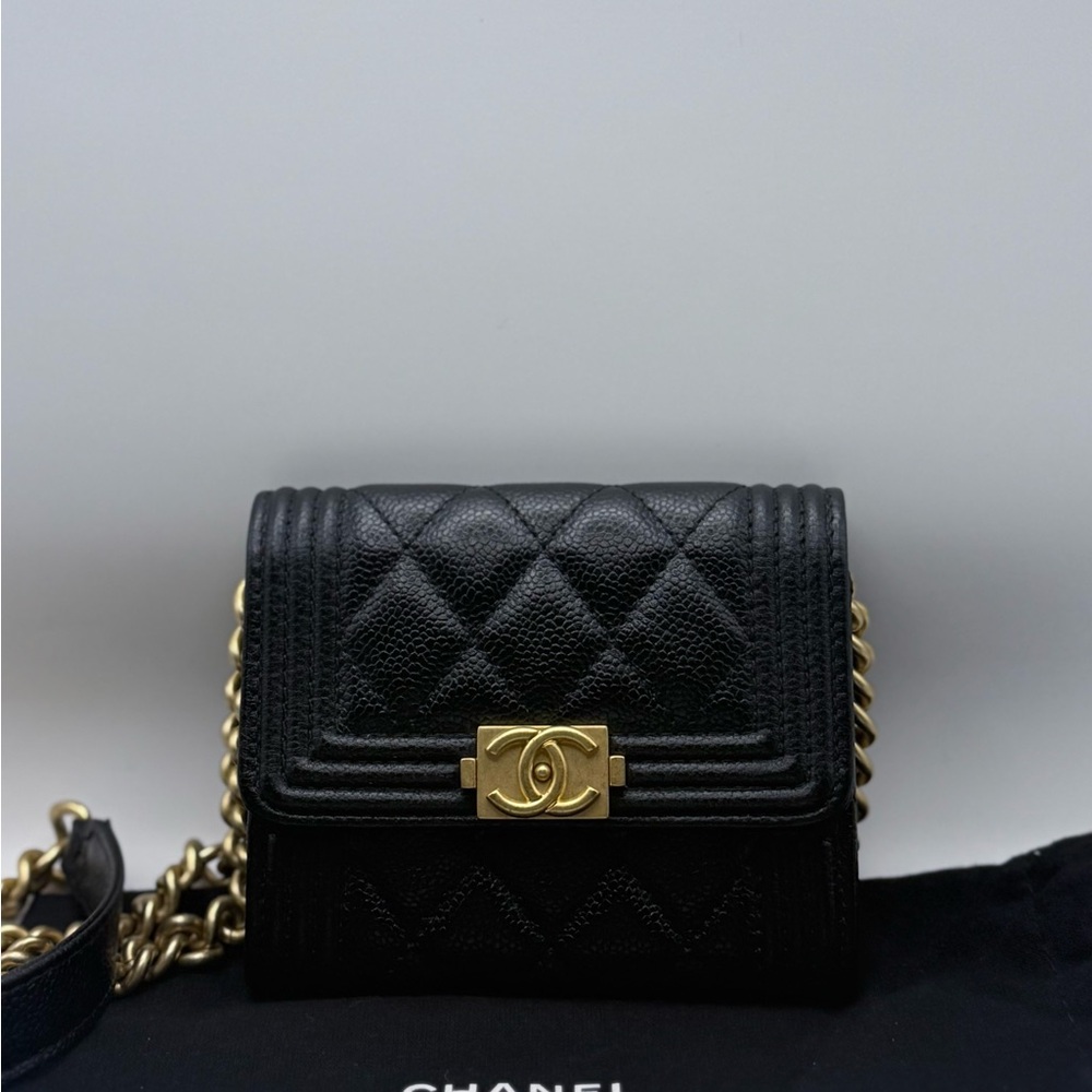 CHANEL Black Caviar Leather Chain Wallet